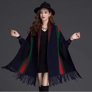 Stylish Navy Poncho with Red and Green Stripes